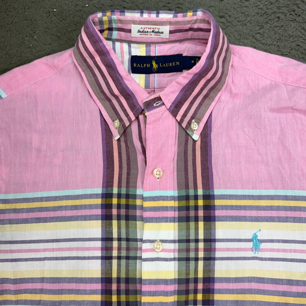Ralph Lauren Madras Shirt Mens M Pink Plaid Authentic Indian Madras Short Sleeve